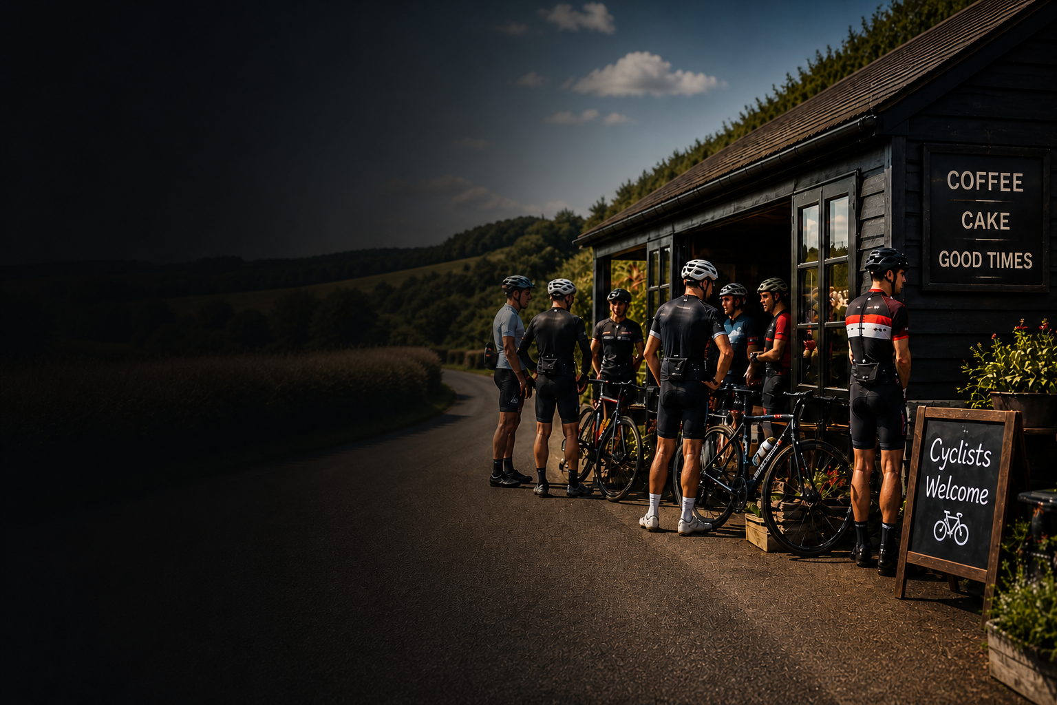 Cyclists gathered outside a Warwickshire café